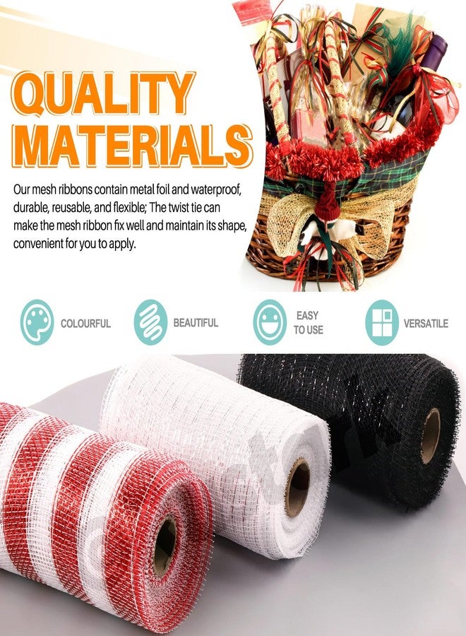 روستارك شريط شبكي مزخرف من Rustark، 3 لفات، كل لفة 6 بوصات × 10 ياردات، مع رقائق معدنية، أبيض، أحمر، أسود، شريط شبكي بوليستر لتزيين أكاليل الزهور وأشجار عيد الميلاد وتغليف الهدايا والأعمال اليدوية (15 سم × 1.5 متر/لفة). - Image 3